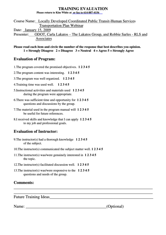 Training Evaluation Printable pdf
