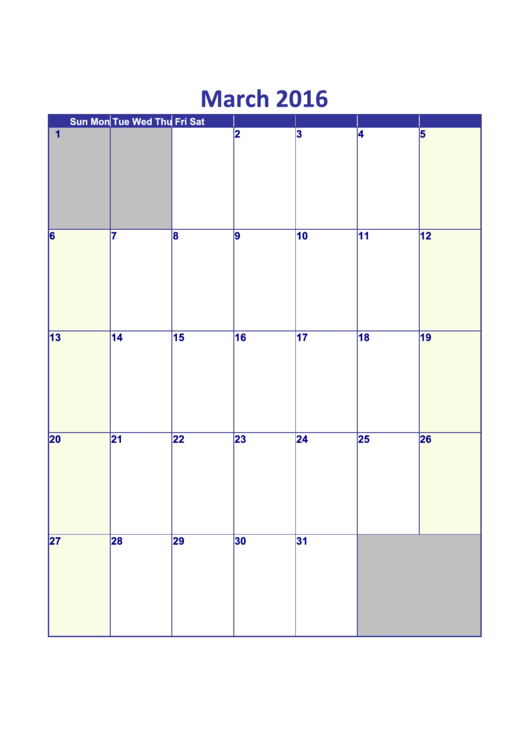 March 2016 Calendar Template - Vertical Printable pdf