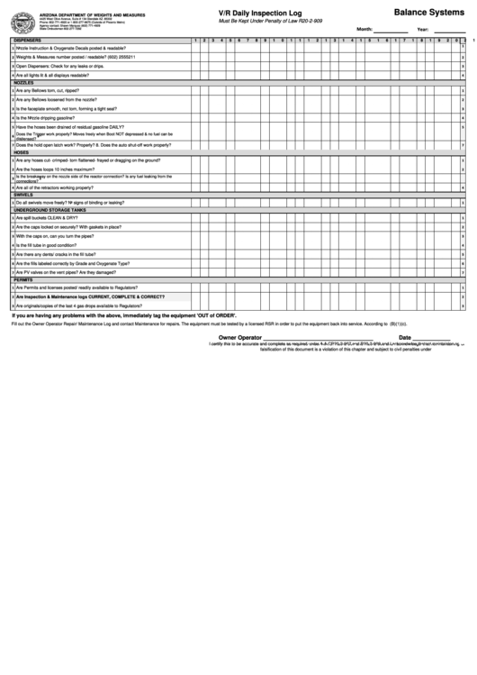 Daily Inspection Log / Balance System (Arizona Department Of Weights And Measures) Printable pdf