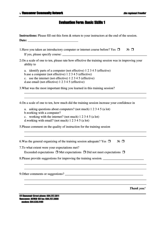 Evaluation Form Basic Skills Printable pdf