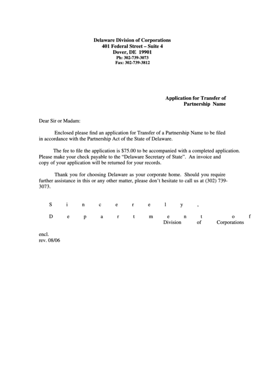 Application For Transfer Of Partnership Name - Delaware Division Of Corporations Printable pdf