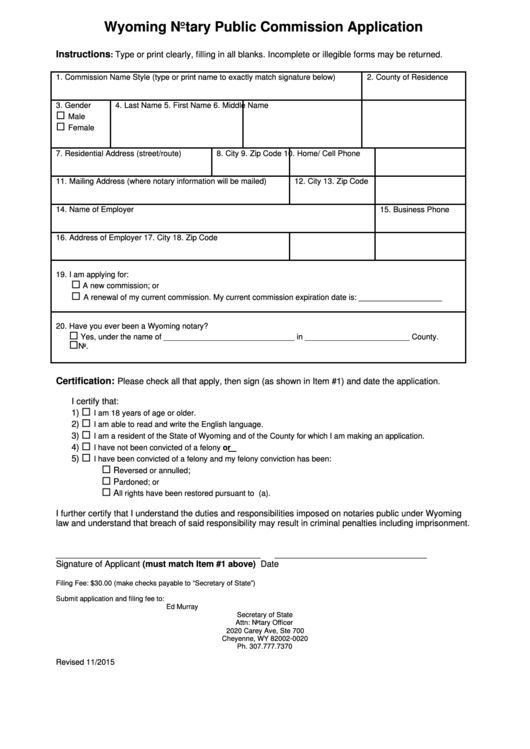 Wyoming Notary Public Commission Application Printable Pdf Download