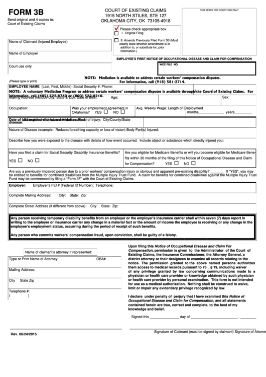 Form 3b - Employee's First Notice Of Occupational Disease And Claim For Compensation