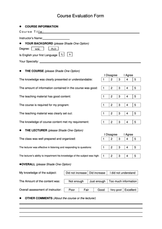 Course Evaluation Form Printable pdf
