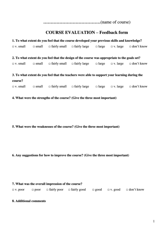 Fillable Course Evaluation - Feedback Form Printable pdf