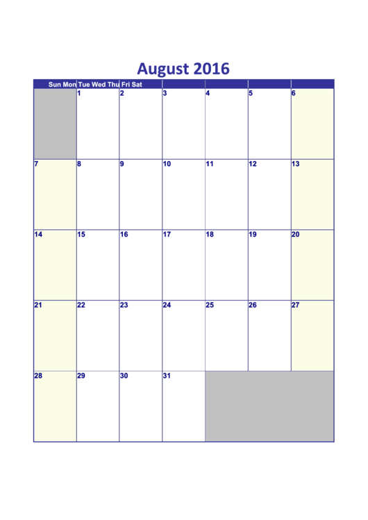 August 2016 Calendar Template - Vertical Printable pdf
