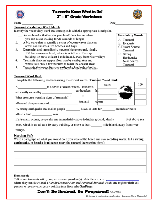 Tsunamis: Know What To Do! 3rd - 5th Grade Worksheet Printable pdf