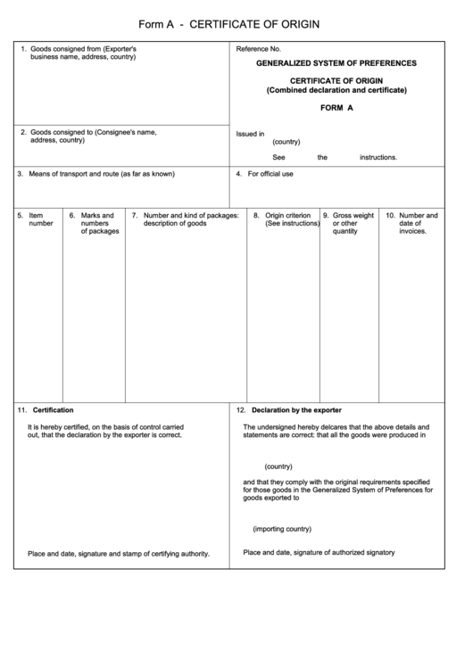 Fillable Form A - Certificate Of Origin Printable pdf