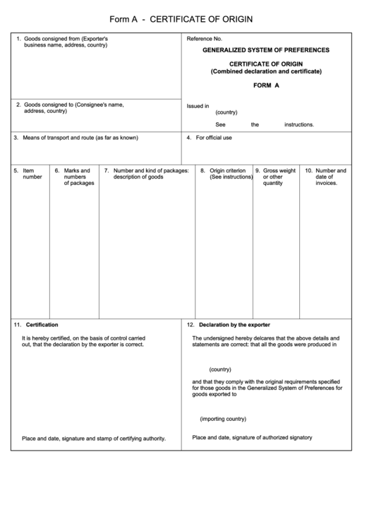 Form A - Certificate Of Origin