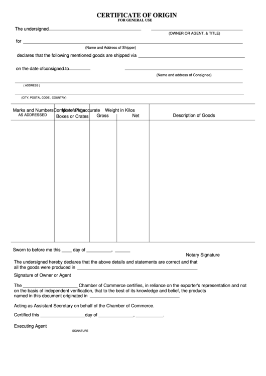 Certificate Of Origin 2 Printable pdf