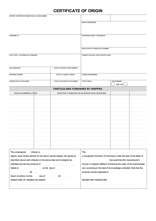 Fillable Certificate Of Origin printable pdf download