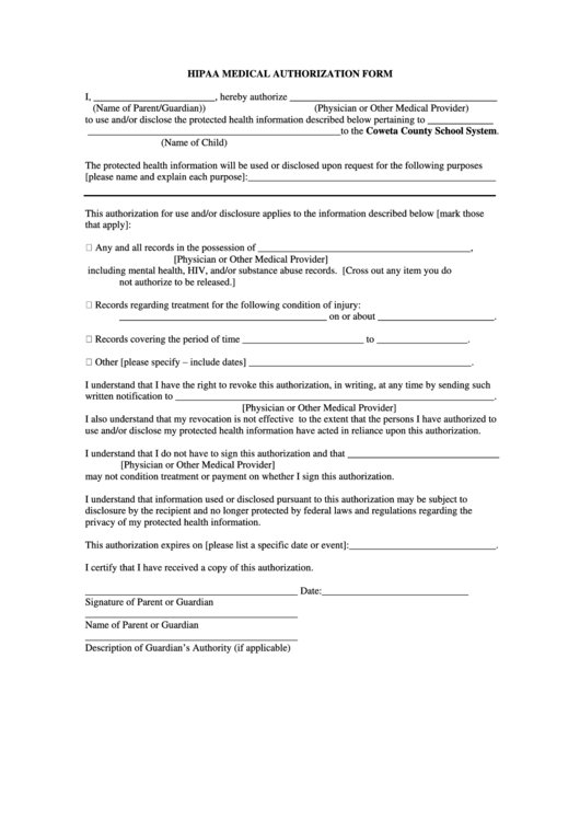 Hipaa Medical Authorization Form Printable pdf