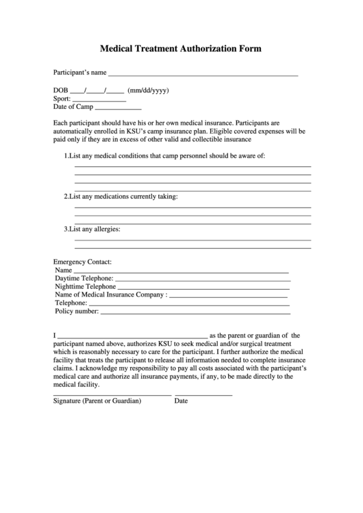 Medical Treatment Authorization Form printable pdf download