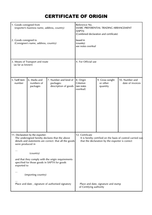 Certificate Of Origin Sapta Printable pdf