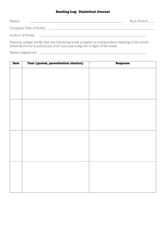 Reading Log - Dialectical Journal Template Printable pdf