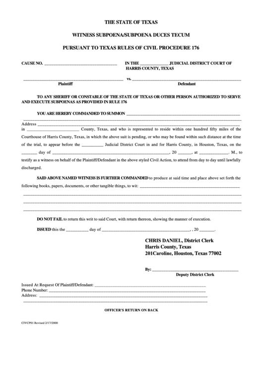 Fillable Witness Subpoena Subpoena Duces Tecum Form Printable pdf