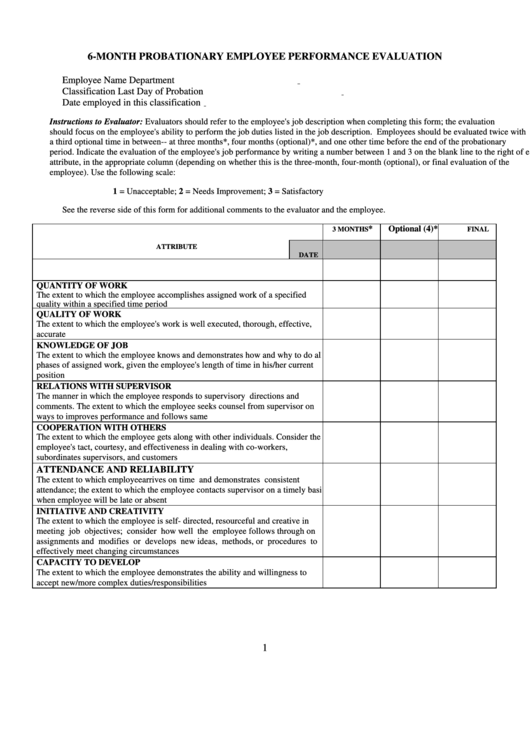6-month Probationary Employee Performance Evaluation Form