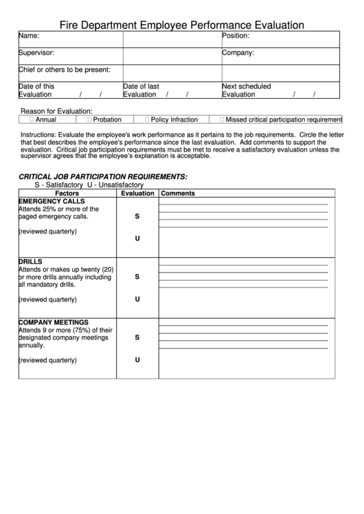 Fire Department Employee Performance Evaluation Printable pdf