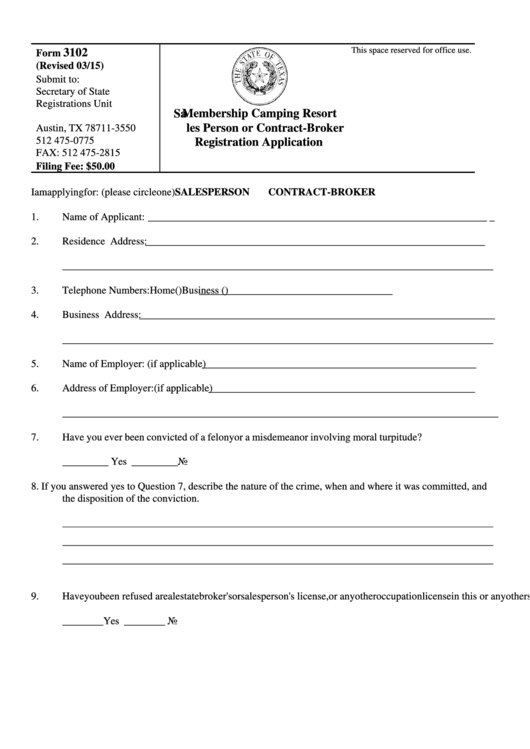 Fillable Sales Person Or Contract Broker Registration Application Printable pdf
