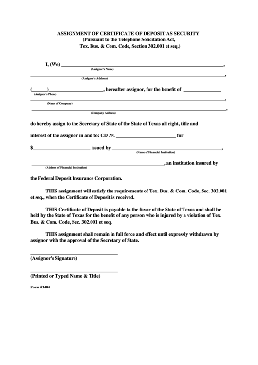 Fillable Assignment Of Certificate Of Deposit As Security Printable pdf