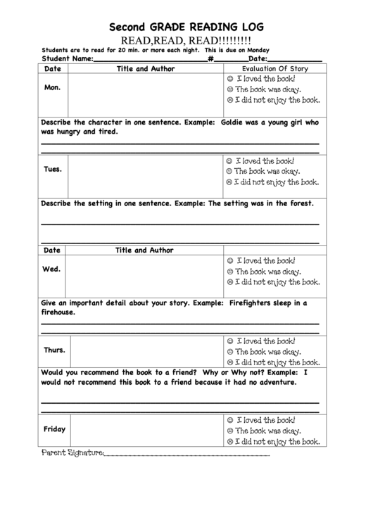 Second Grade Reading Log Template Printable pdf