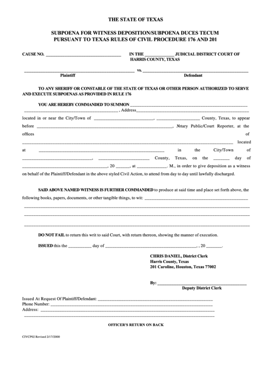 Fillable Subpoena For Witness Deposition Subpoena Duces Tecum Form Printable pdf