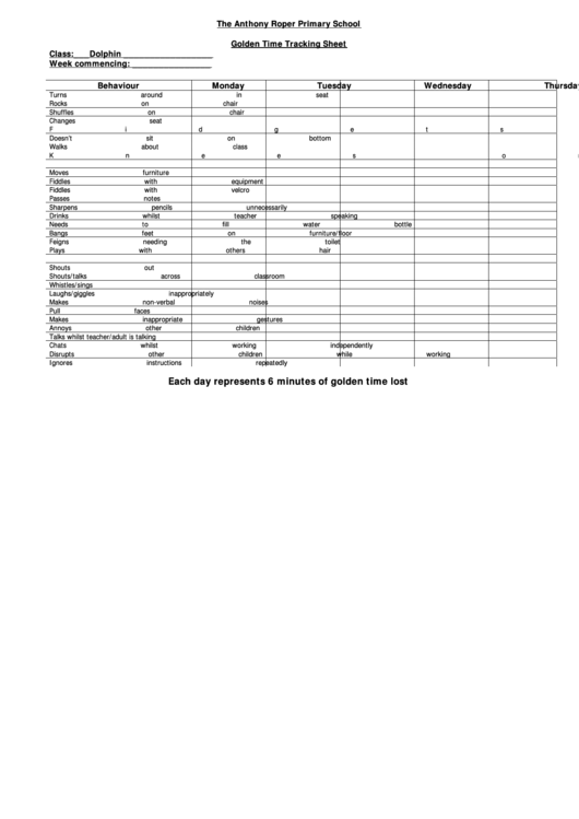 The Anthony Roper Primary School Golden Time Tracking Sheet Printable pdf