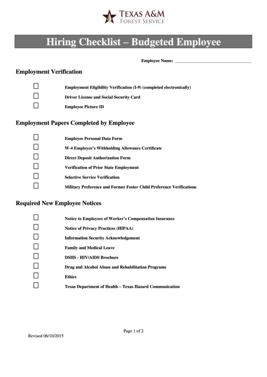 Hiring Checklist Template - Budgeted Employee Printable pdf