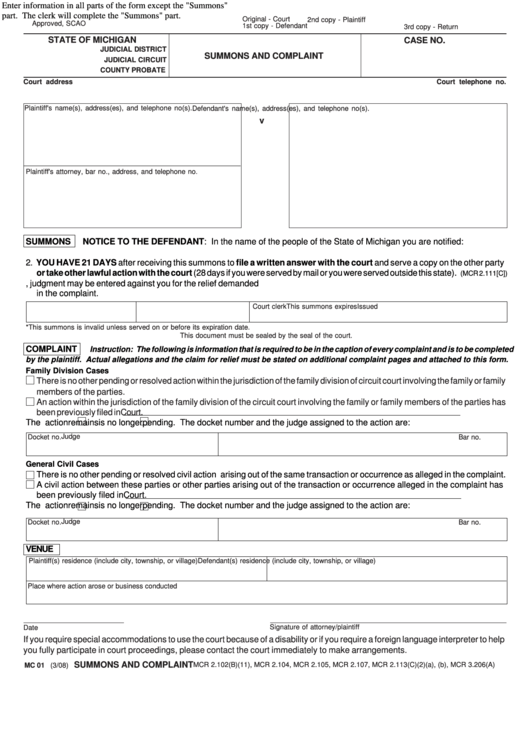 Fillable Summons And Complaint Printable pdf