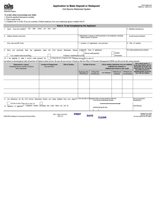 Fillable Application To Make Deposit Or Redeposit Csrs Retirement Forms Printable pdf