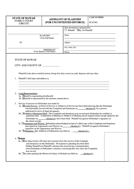 Fillable Affidavit Of Plaintiff (For Uncontested Divorce) Printable pdf