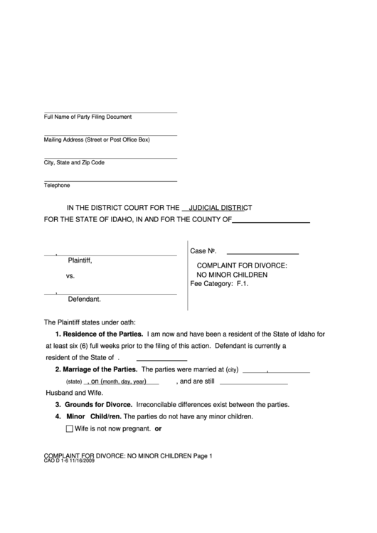 Complaint For Divorce No Minor Children Printable pdf