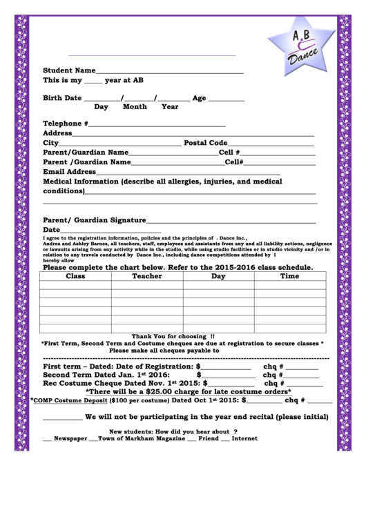 Dance Registration Form Printable pdf