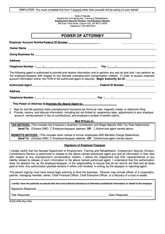 Fillable Form Nucs-4556 - Power Of Attorney - Department Of Employment, State Of Nevada Printable pdf