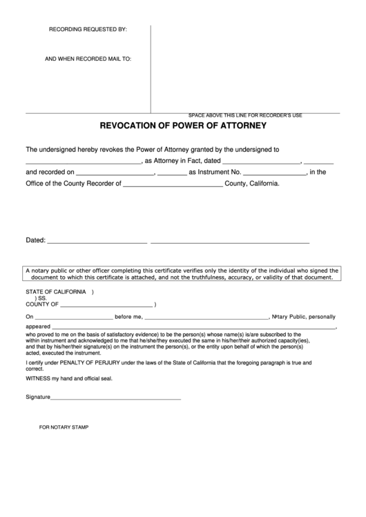 Revocation Of Power Of Attorney Form - State Of California Printable pdf
