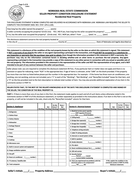 Nebraska Real Estate Commission Seller Property Condition Disclosure Statement Printable pdf