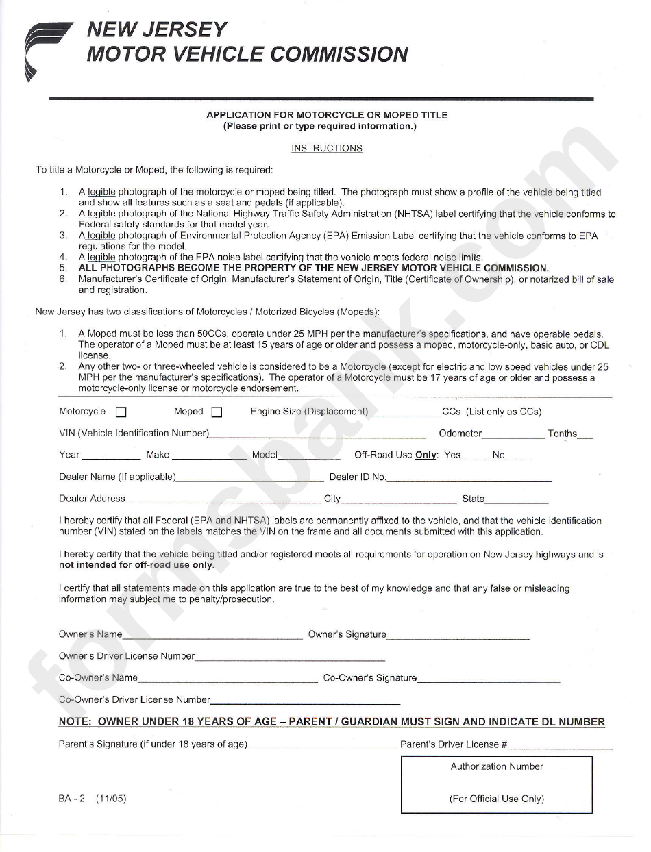 Form Ba-2 - Application For Motorcycle Or Moped Title