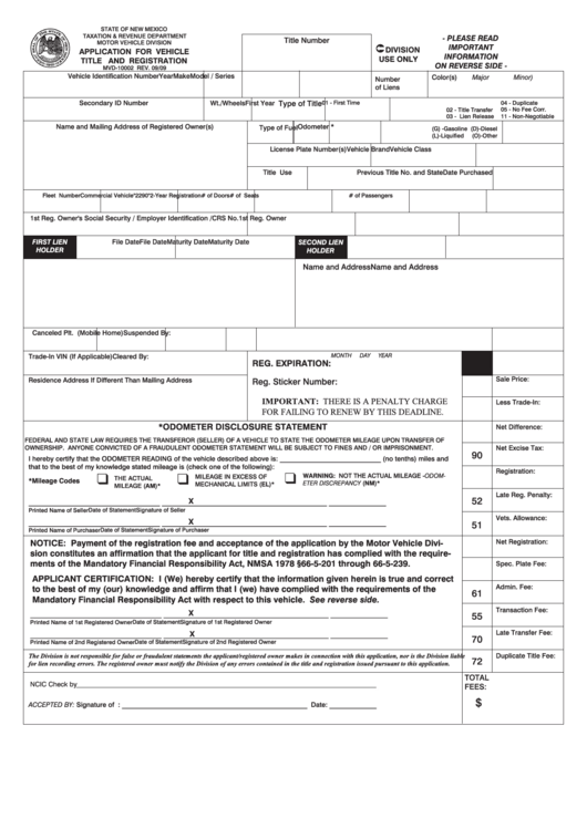 Form Mvd-10002 - Application For Vehicle Title And Registration Printable pdf