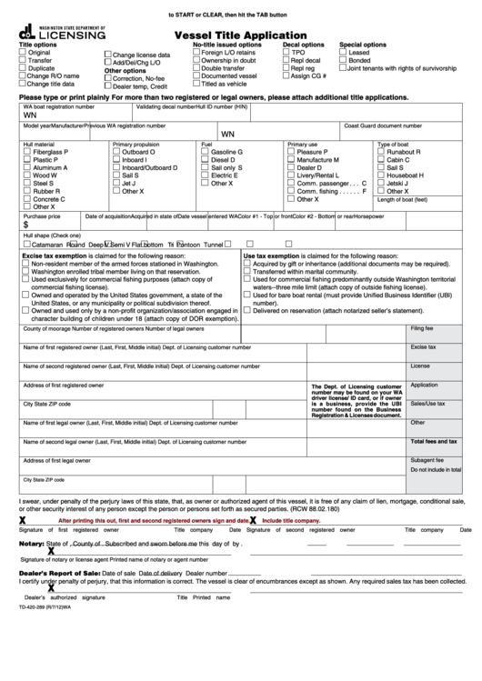 Fillable Form Td-420-289 - Vessel Title Application Printable pdf