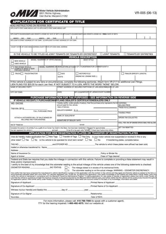 Fillable Form Vr-005 - Application For Certificate Of Title Printable pdf