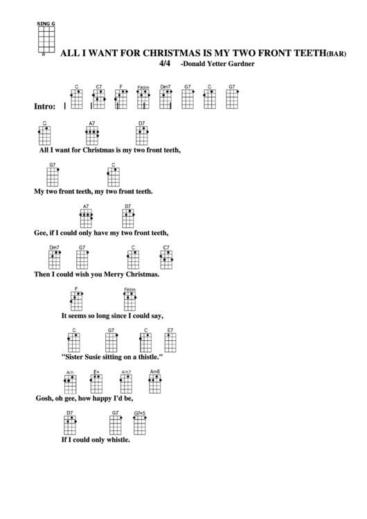 All I Want For Christmas Is My Two Front Teeth (Bar) - Donald Yetter Gardner Chord Chart Printable pdf