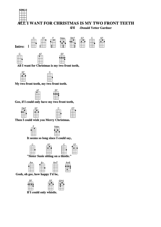 All I Want For Christmas Is My Two Front Teeth - Donald Yetter Gardner Chord Chart Printable pdf