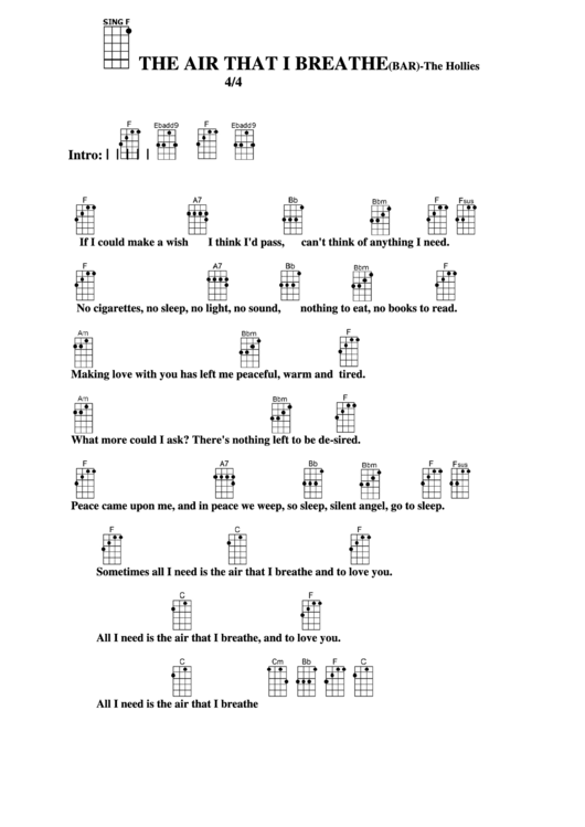 The Air That I Breathe (Bar) - The Hollies Chord Chart Printable pdf
