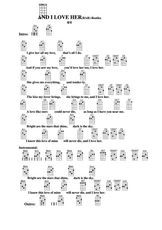 And I Love Her(Bar)-Beatles Chord Chart Printable pdf