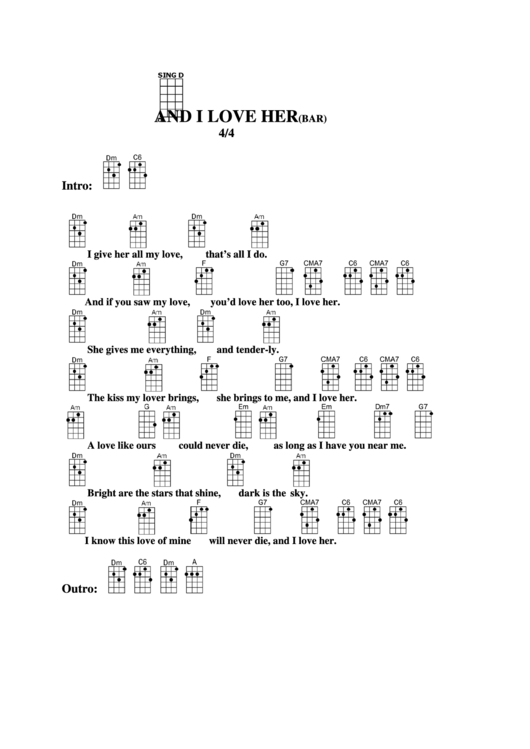 And I Love Her(Bar) Chord Chart Printable pdf