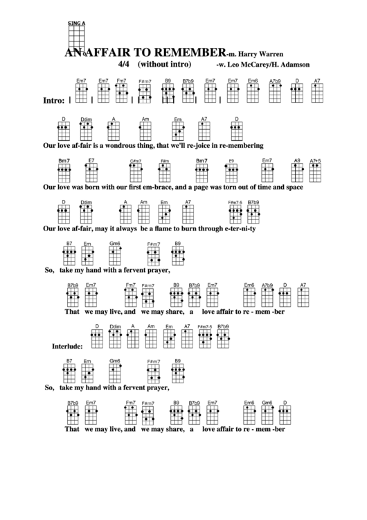 An Affair To Remember - M. Harry Warren Chord Chart Printable pdf