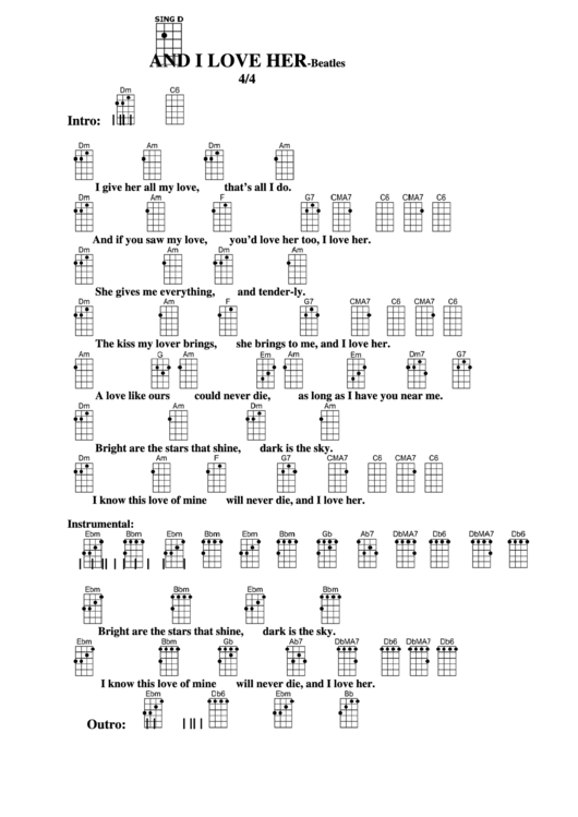 And I Love Her-Key Change-Beatles Chord Chart Printable pdf