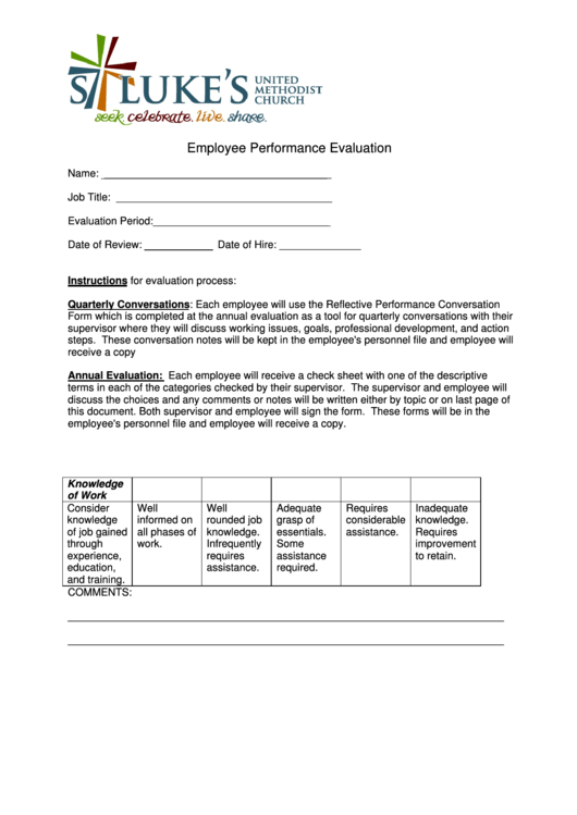Employee Performance Evaluation Form With Instructions Printable pdf