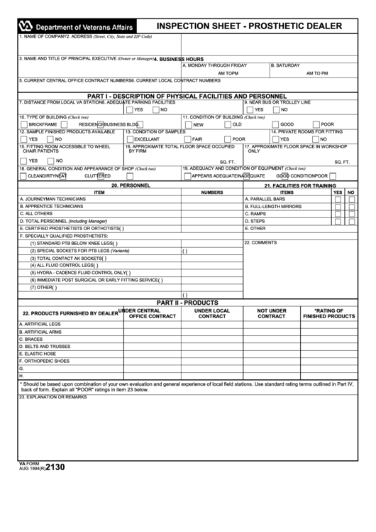 Fillable Va Form 2130 - Inspection Sheet - Prosthetic Dealer Printable pdf
