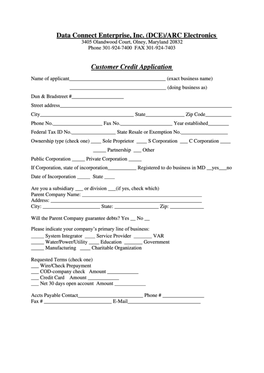 Customer Credit Application Printable pdf